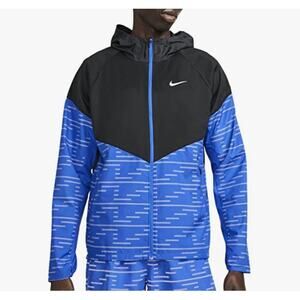 Nike Men Running Jacket Full Zip Repel Run Miler Small Blue Black Thermafit Hood